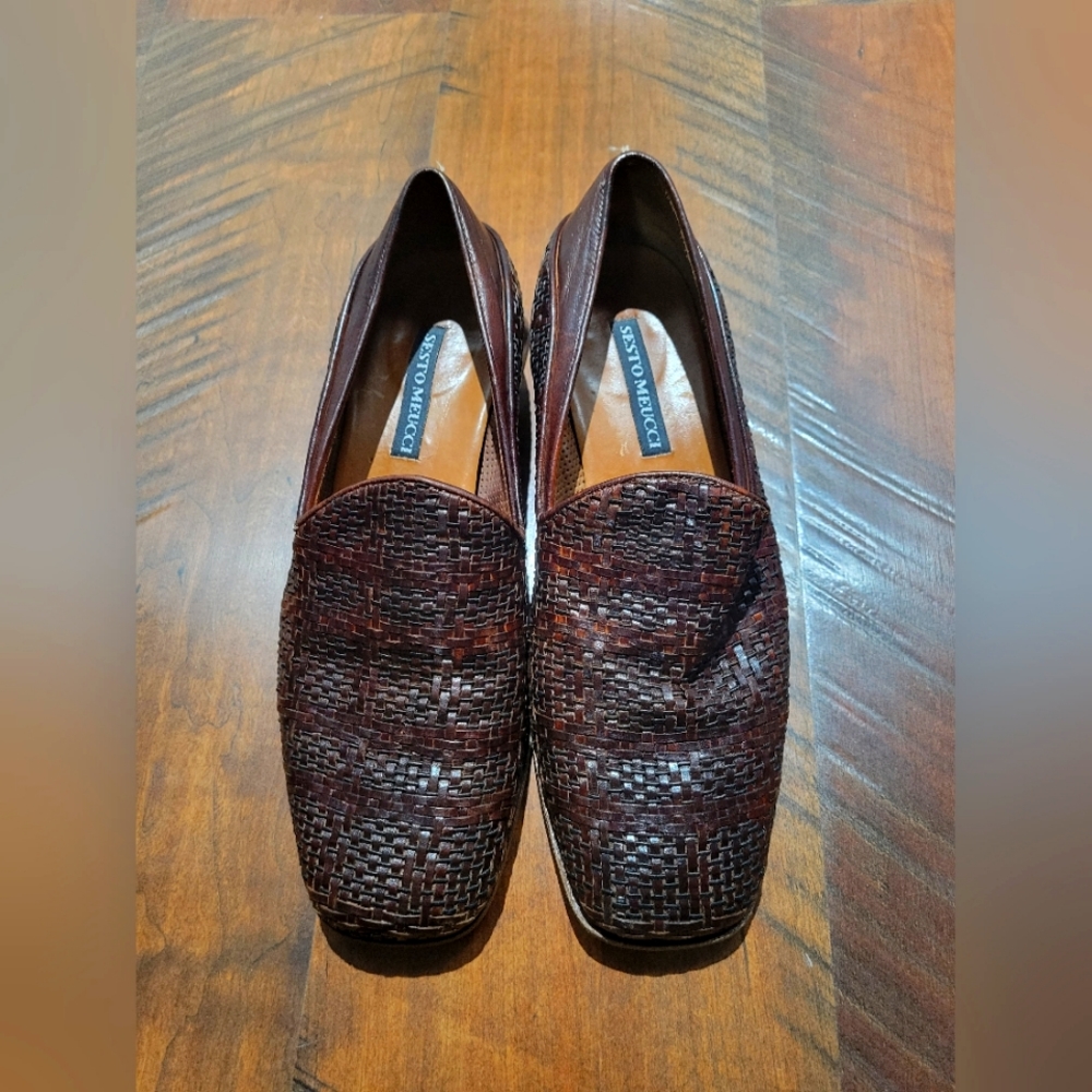 SESTO MEUCCI Women’s Vintage Brown Leather Woven Loafer Made in Italy